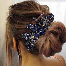 Xerling Royal Blue Sapphire Hair Comb Vintage Crystal Flower Side Comb Women Wedding Bridal Combs Floral Hair Piece Jewelry Accessories Gift for Brides Prom Party (Blue)