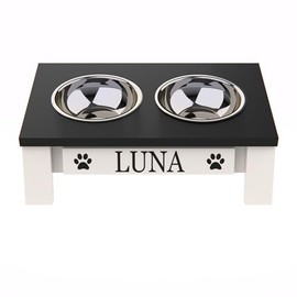 GrooveThis Woodshop Luxury Pet Feeder - Elevated Stand with Stainless Steel Bowls for Small Dogs & Cats, Anti-Slip, Easy Clean, Chic & Durable Design (Tilted, Black)