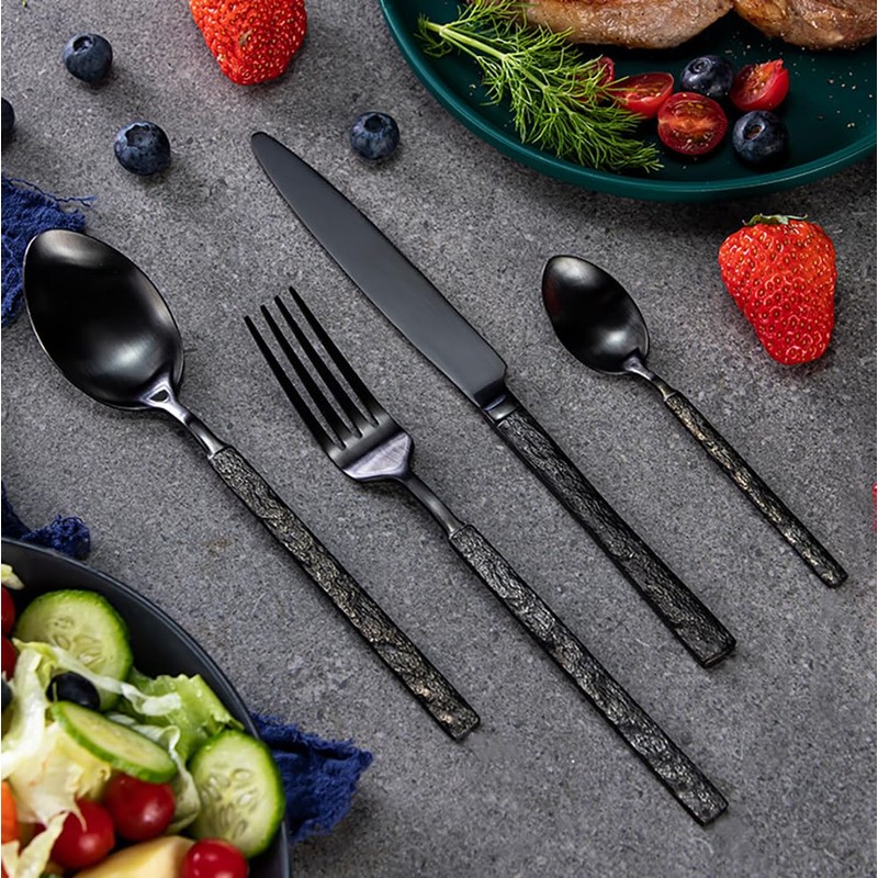 Black Silverware Set for 8 Modern Square Flatware Set Stainless