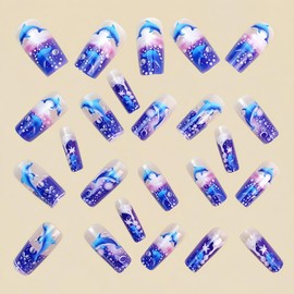 24Pcs Beach Press on Nails Long Coffin Fake Nails Blue Gradient False Nails with Dolphin Pattern Design Summer Ocean Nails Long Ballerina Nails Press ons Full Cover Artificial Stick on Nail for Women