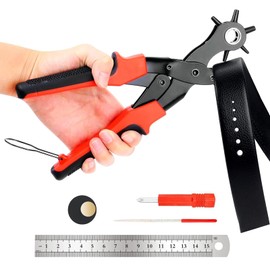 RISVOWO Hole Punch for Leather (Diameter 2-4.5 mm), 6 Holes Belt Hole Puncher with 2 Base Plates, Belt Hole Punch Pliers with Lever Gear for Belts, Watch Straps, Saddle, Fabric, Crafts