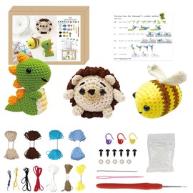 KBIBCK Crochet Set for Beginners, Animal Crochet Pack, Complete Crochet Animals Set, DIY Crochet Set, Beginner Crochet Starter Kit with Step-by-Step Video Instructions (Hedgehog/Bees/Dinosaurs)