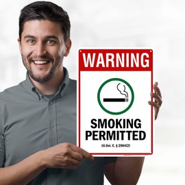 Warning Smoking Permitted Delaware Sign, 10x14 Inches, 55 mil thick HDPS (high density polystyrene), Made in USA by My Sign Center