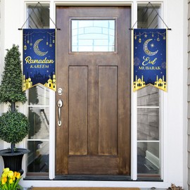 COCHIE 2PCS Eid Mubarak Decorations Ramadan Kareem Hanging Door Sign Ramadan Mubarak Banner Party Decorations Welcome Wall Banner for Party Supplies