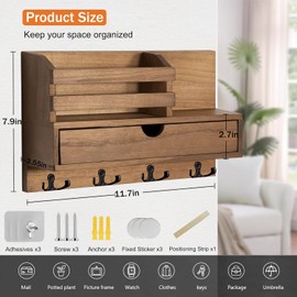 Irayin Wooden Key Holder with Shelf, Wooden Key Holder with 4 Double Key Hooks and Storage Drawer, Wall Key Board for Entrance Area, Hallway, Living Room, Office - Brown