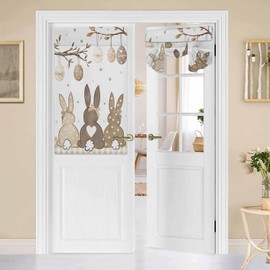BEMIGO Door Curtains for Door Windows, Easter Bunny Egg Door Window Curtains for French Glass Door, Privacy Thermal Insulated Tie Up Door Shades, Heart Point Khaki Small Window Curtains 26"x42"