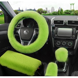 Dotesy 4 Pcs/Set Fluffy Faux Wool Car Steering Wheel Cover & Furry Auto Center Console Cover & Gear Shift Knob Cover & Handbrake Cover Universal Warm Winter (Grass Green)