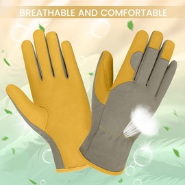 KKOYING Gardening Gloves, Garden Gloves for Women and Men, Thorn Proof Working Gloves, Durable Leather Work Garden Gloves for Yard & Outdoor Work, Golden, L