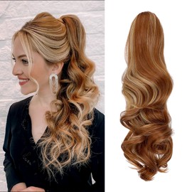 Leterly Ponytail Extension Clip in Claw 18" Curly Wavy Pony Tails Clip-on Long Hairpiece Jaw for Women Light Auburn Mix Ash Blonde