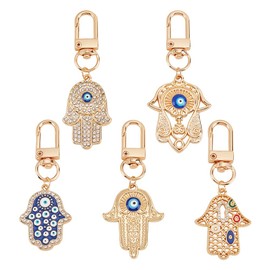 NBEADS 5 Pcs 5 Styles Hamsa Hand Evil Eye Keychains, Hand Protection Charm Key Holder Evil Eye Charm Pendants Lucky Charms Keyring for Gift Keys Bag Accessory Ornaments