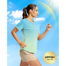 SANTINY Women's Short Sleeve Shirts UPF 50+ Sun Protection Moisture Wicking T-Shirts Hiking Athletic Workout Tops for Women (Green Yellow Gradient_L)