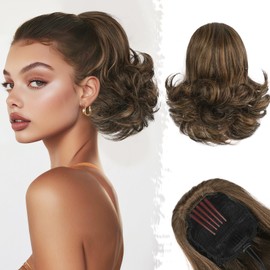 BARSDAR Drawstring Comb Clip Ponytail Extension - 10 Inch Short Clip in Ponytails Hairpieces for Women - Synthetic Highlight Ponytail Extension Fake Pony Tails - Dark Brown with Highlights