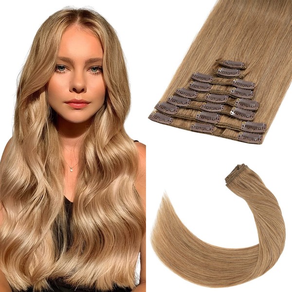 Elailite Hair Extension Human Hair Clip in Hairpiece Extensions for Complete Hair 8 Piece Set 18 Clips Straight Full Head Human Hair 10 inches / 25 cm 50 g #27 Dark Blonde
