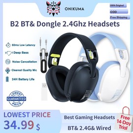 ONIKUMA B2 Bluetooth 5.3 & 2.4G Wireless & Wired No Delay Gaming Headsets Earphones With Dongle USB Receiver Deep Bass Stereo Wireless Headphones Noise Reduction Microphones - Color: White