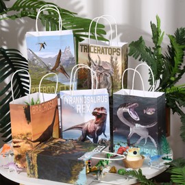 24 Pcs Dinosaur Party Favor Gift Bags with Handle, Dinosaur Kraft Paper Gift Wrap Bags Kids Goodie Treat Bags for Boys Girls Dinosaur Dino Theme Birthday Baby Shower Party Supplies (Simulated Style)