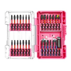 Geinxurn 28Pieces Impact Screwdriver Bits Set, Magnetic S2 Steel Phillips/Slotted/Square/Torx Insert Power Bits Tips, Impact Bit Holder with Pink Storage Box Case