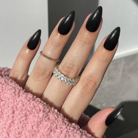 Bellelfin 240Pcs Short Press on Nails, Glossy Almond Nails Press ons Full Cover Black Fake Nails Acrylic Press on Nail Almond Glue on Nails for Women Girls