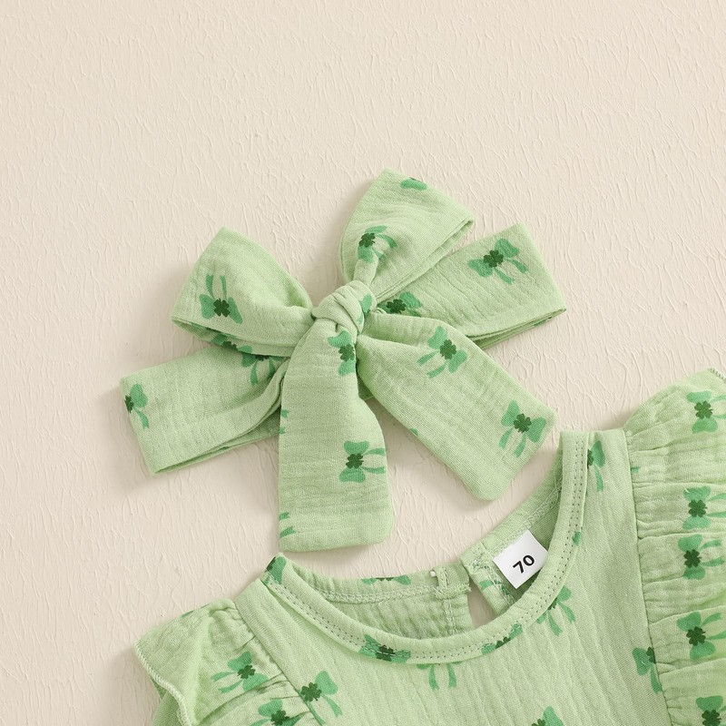Loalirando St Patricks Day Baby Girl Jumpsuit Shamrock Bow Print