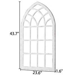 Sintosin Large Farmhouse Arched Window Frame Wall Decor 44 X 24 Inch, Hanging Distressed White Window Pane Wall Decor Living Room, Rustic Wooden Faux Windows for Bedroom Fireplace Entryway