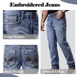 Men's Embroidered Relaxed Fit Jeans with Comfort Flex Waist Stretch Denim Casual Jeans Unique Design Classic Fit for Men (US, Waist, 34, Regular, Blue)