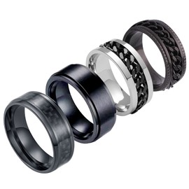 4Pcs Anxiety Fidget Ring Set Rings for Men Plaid Spinner Cool Stainless Steel Rings for ADHD Stress Relieving Fashion Wedding Promise Band Rings，8