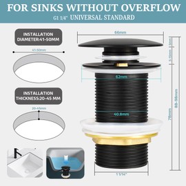 HOISGEAR Drain Fitting, Sink without Overflow, Pop-Up Valve for Washbasin, Universal, 1 1/4 Inch, Leak-Proof Drain Plug, Easy Installation for Sink and Washbasin, Matt Black