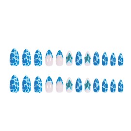 Press on Medium Nails Almond Shaped Glossy Full Cover Pointed Almond Acrylic French False Nails with Designs Artificial Almond Fake Nails with Charms Glue Stick ons Fingernails for Women(YLW746)