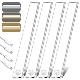 QianMu 4 Piezas Luz Led con Sensor de Movimiento, 3 Modos, 3 Colores, Luz Cálida Lampara Led Recargable USB con Banda Magnética, Tres Modos, para Armario debajo del Mostrador,Escalera