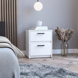 Dyncan Compact White Nightstand with 2 Drawers and Metal Handles for Bedroom or Living Room