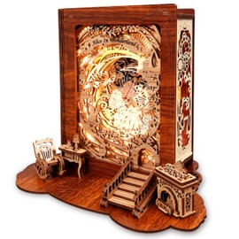 FUNPOLA Alice in Wonderland LED 3D Puzzle Nightlight - DIY Book Lamp with Clock - 3D Wood Puzzles Nightlight Home Décor for Kids and Adults