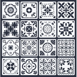 16 Pack Tile Stencil Set (8x8 Inch), Portuguese Pattern Stencils, Mediterranean Mosaic & Traditional Floral Ceramic, Reusable Stencils for Floor, Wall, Furniture Painting, DIY Home Décor