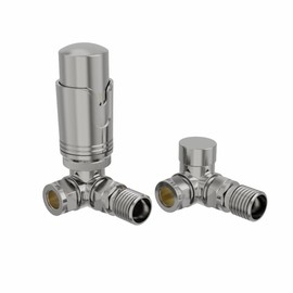 NRG Satin Nickel Corner Thermostatic Valve Bathroom Towel Rail Radiator Valves with Free Lockshield Valve