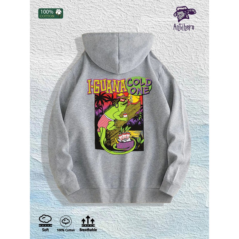 Iguana Cold One Tropical Graphic Hoodie 100% Cotton US Warehouse