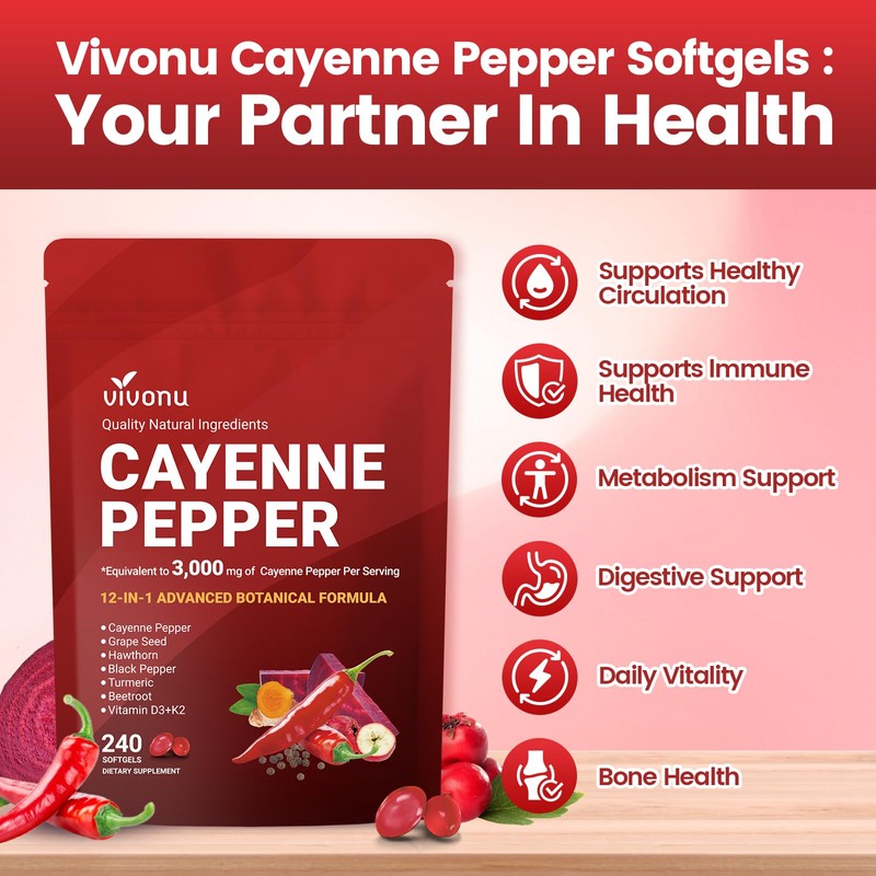 VivoNu Cayenne Pepper Softgels Supplement with Vitamin E D3+K2 and