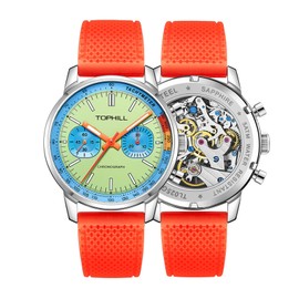 TOPHILL 1963 Pilots Mens Racing Chronograph Mechanical Watch Original Seagull ST1901 Movement 40mm Sapphire Luminous Pilot Wristwatches (TB Green Orange Strap)