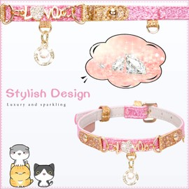 PetsHome Cat Collar, Dog Collar, [Bling Rhinestones][Sparkling Leather] Adjustable Cute Pet Collar with Pearl Pendant for Cat and Small Dog Small Pink