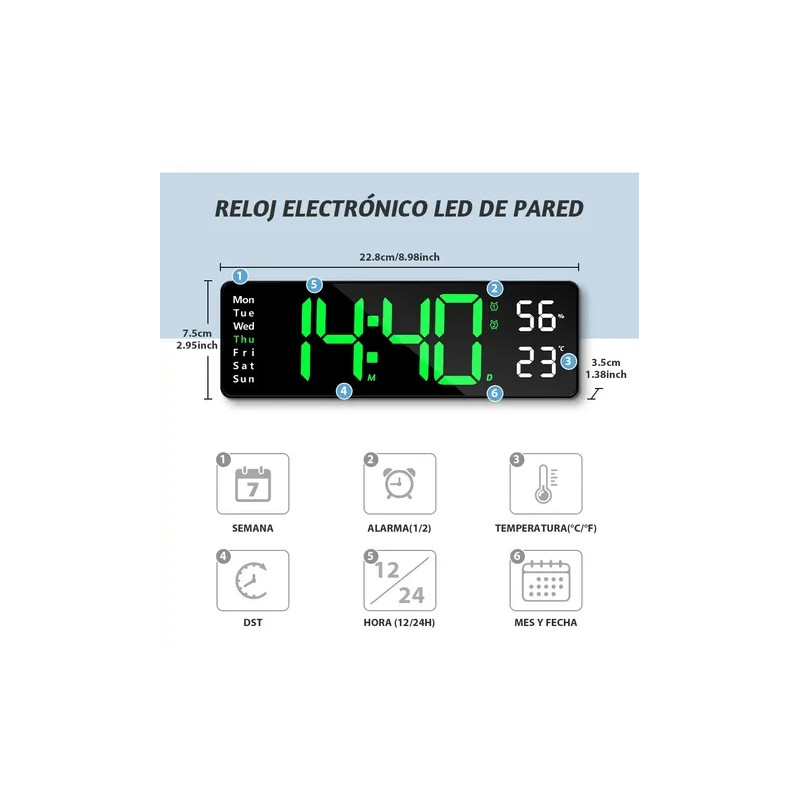 Reloj De Pared Digital Con Termómetro, Alarmas Y Calendario