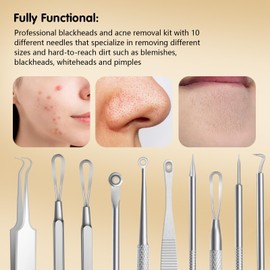 AiQlnu 10 Stücke Mitesserentferner Komedonenquetscher Set,Verschiedene Pickel Ausdrücken Werkzeug-Set, Blackhead Remover aus Edelstahl für Nasengesichtsfehler, Geeignet für Frauen und Männer