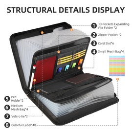 JUNDUN Fireproof Document Organiser - 26 Pockets Expanding File Folder with Zipper & Labels - Portable Waterproof File Organiser with Multi-Pockets Folder for A4 Documents | Receipt and More(Black)