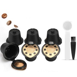 Refillable Coffee Capsule Reusable Pod Stainless Steel Coffee Filter for NESPRESSO +Spoon+Brush (6, Gold)