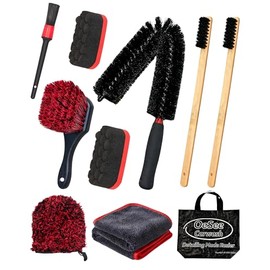 10PCS Engine Bay Cleaning Kit, Professional Under Hood Detailing Tools with Long Bendable Brush & Natural Bamboo Horsehair Brush, Applicators, Towel for Car, Truck