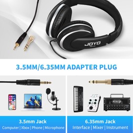 JOYO Over Ear Headphones Wired Studio Headphones with 1/4 to 3.5mm Jack for Guitar Amplifier Keyboard Recording Podcast DJ Laptop Computer (JMH-04)