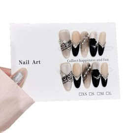 10 Pieces Of Black And White Sweet Cool Color Press Nails, Long Almond Shaped Fake Nails, Unique 3D Crystal Diamond Pearl And Rose Gothic Style Design, Glued To Nails With Jelly Glue And Nail Tools To Create Eye-Catching Female Nail Art