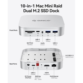 ORICO MiniRaid 10-in-1 Docking Station with Dual-Bay M.2 NVMe/SATA SSD Enclosure for Mac mini M4 Pro, Raid 0/1/PM, USB C HUB with HDMI 4K@60Hz, 10Gbps, PD60W, SD/TF Slot, RJ45 for Creator-MR10 Pro