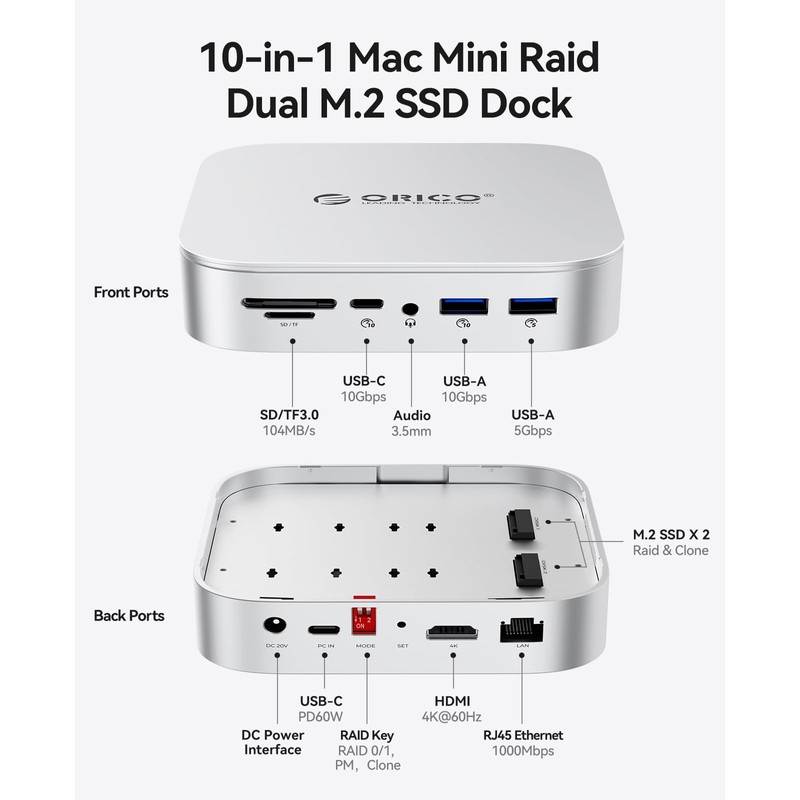 ORICO MiniRaid 10-in-1 Docking Station with Dual-Bay M.2 NVMe/SATA SSD