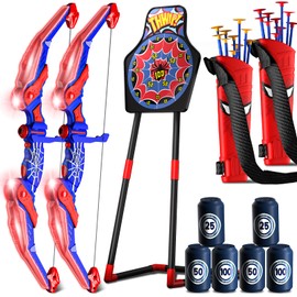 Motivekit Bow and Arrow Set for Kids, 2 Pack Led Archery Set, Bow Arrow Set with 20 Suction Cup Arrows, Target with Stand & 6 Target Cans, Birthday Gift Bow and Arrow Set for Kids 4-6