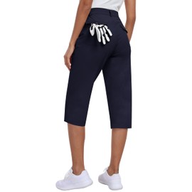 MoFiz Women's Capri Pants with Pockets Lightweight Cropped Hiking Golf Pants Summer Quick Dry Elastic Waist Capris Navy Blue L
