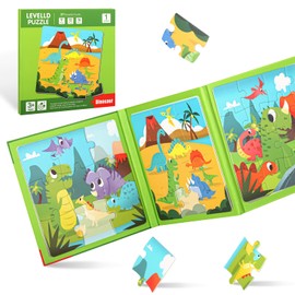 Magnetic Puzzle for Children, 9-12-16 Pieces Magnetic Puzzle Book from 3 Years, Travel Games Activity for Toddler 3 on the Plane, Car Games (Dinosaur Difficulty Level 1)