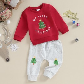 Xeadoffubio 2Pcs Infant Baby Girl Boy Christmas Outfit Gingerbread Man Letter Print Crewneck Sweatshirt Jogger Pants Fall Outfits Toddler Baby Unisex Christmas Clothes (Green tree, 6-9 Months)