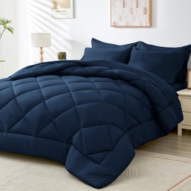 HEVUMYI 5 Pieces Twin XL Comforter Set, Dorm Bedding Sets, Back to School Bed in a Bag 5 PCS, Down Alternative Sets with Comforter, Flat Sheet, Fitted Sheet, Pillowcase & Pillow Sham, Navy Blue
